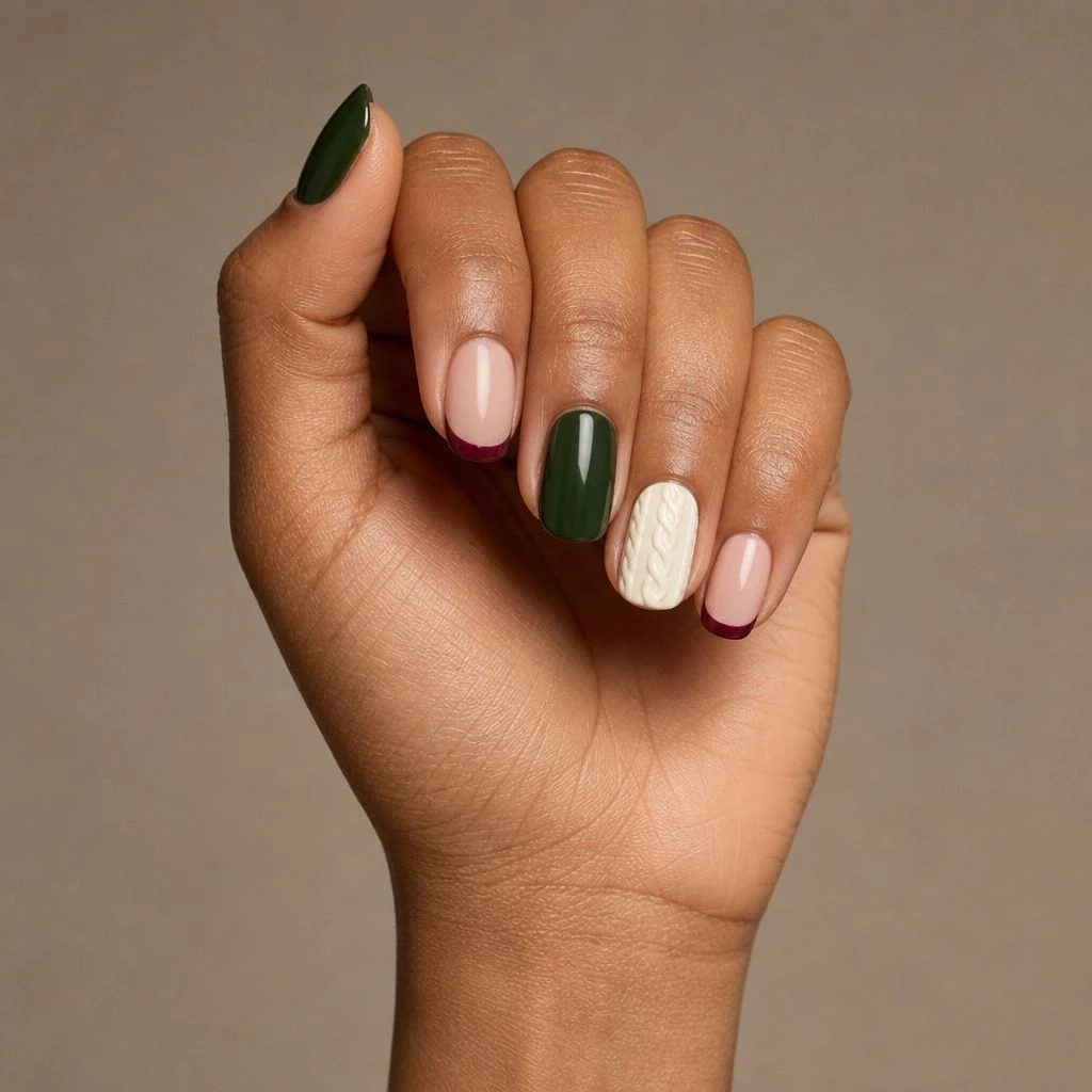 Green French tip Christmas sweater nails with a cable knit accent nail