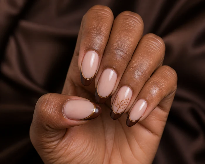 Cocoa micro-French nails with a delicate warm gold detail