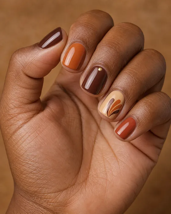 Cute cocoa and pumpkin Thanksgiving nails with feather accent