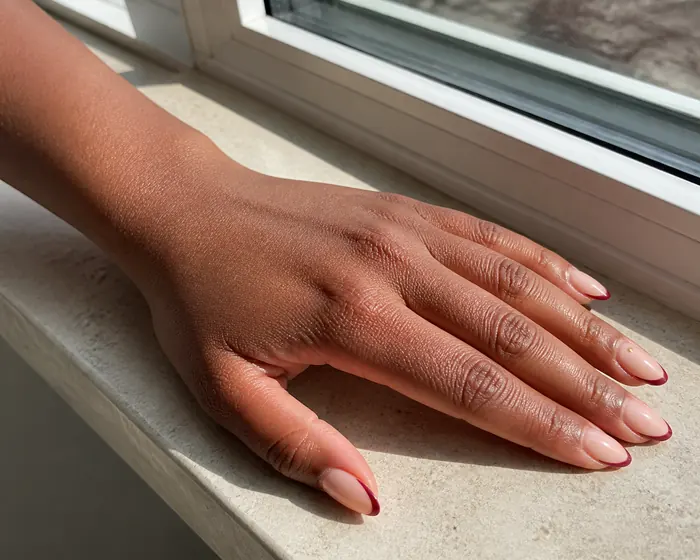Burgundy micro French dip nails in bright window light