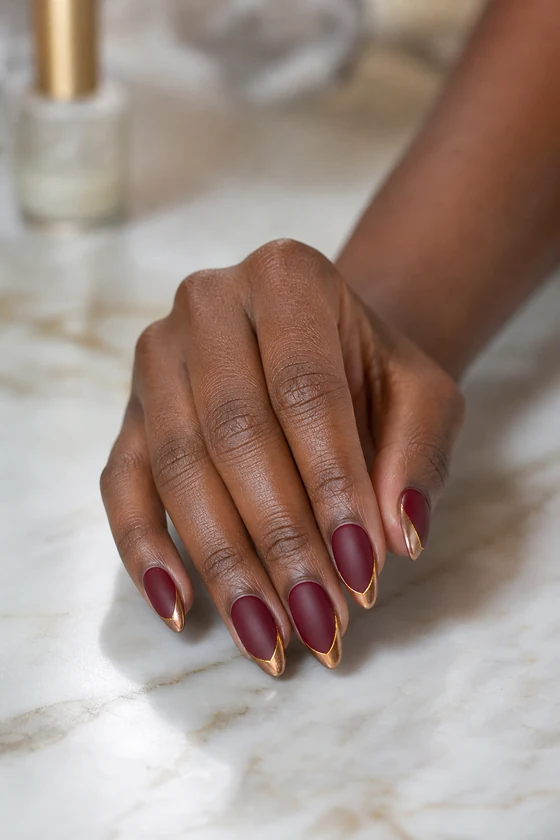 Burgundy matte and bronze chrome French tip fall nails