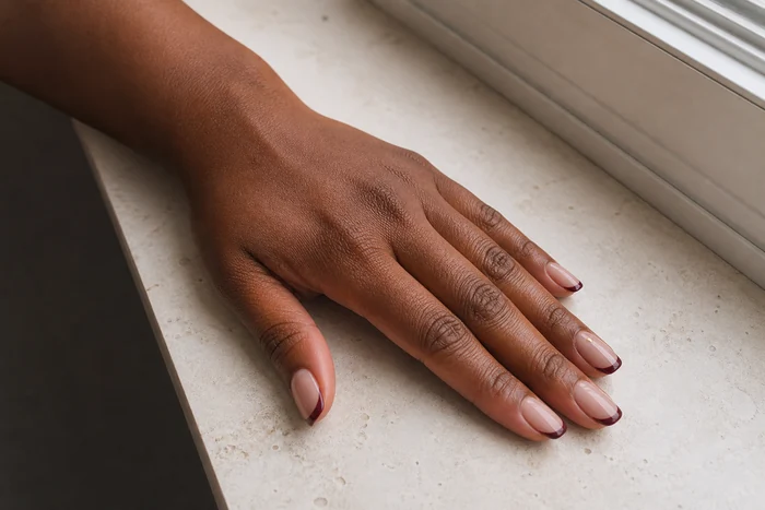 Burgundy micro French press-on nails in bright window light
