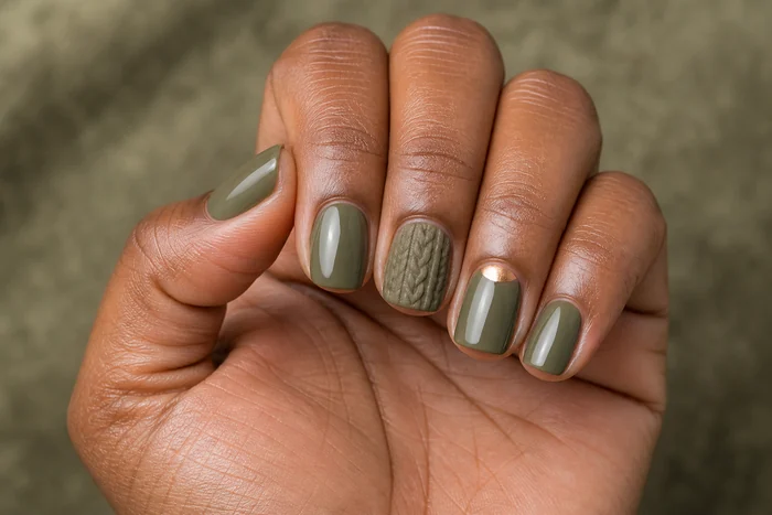 Short olive sweater nails with knit accent and bronze half-moon