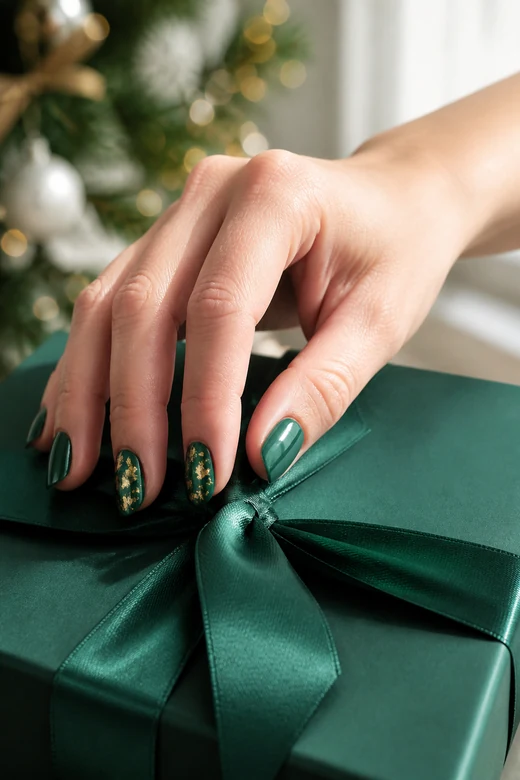 Hunter Green With Gold Foil dark green Christmas nails