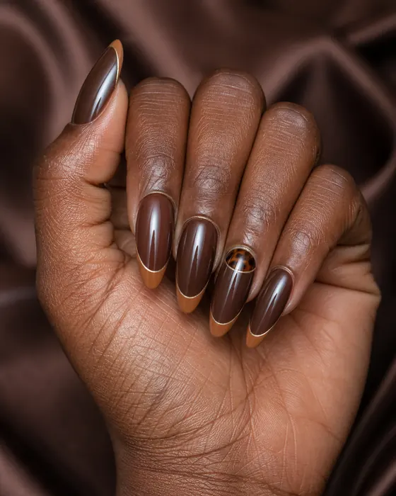 Long cocoa almond nails with caramel French tips