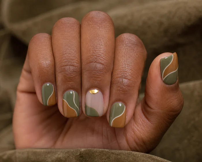 Short olive and caramel abstract curve nails