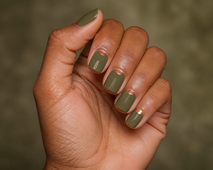 Short olive square November nails with a bronze half-moon accent