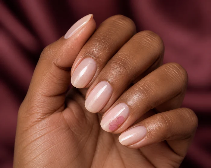Warm pearl nails with a delicate petal accent