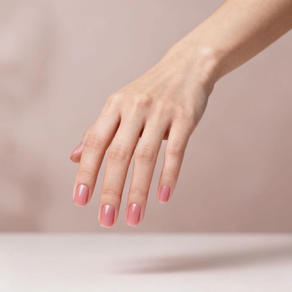 Rosy nude strengthening gel overlay on short natural nails.