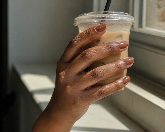 Short Almond Caramel short autumn nail design on a woman’s hand.
