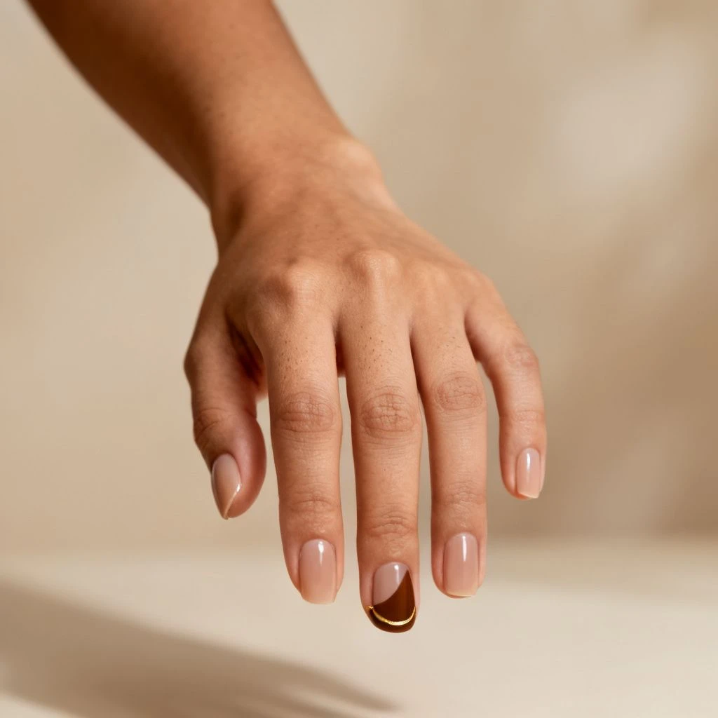 Warm nude nails with a cocoa half-moon and fine gold outline