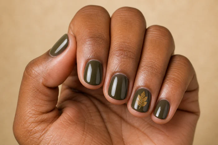 Short olive simple Thanksgiving nails with a gold leaf accent