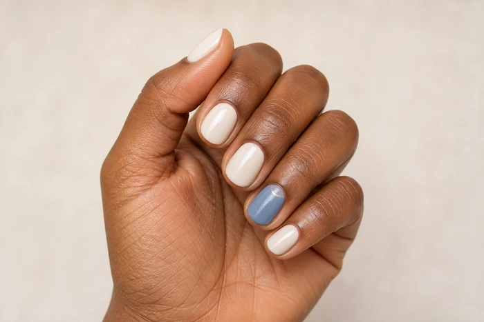 Cream simple winter nails with dusty blue accent