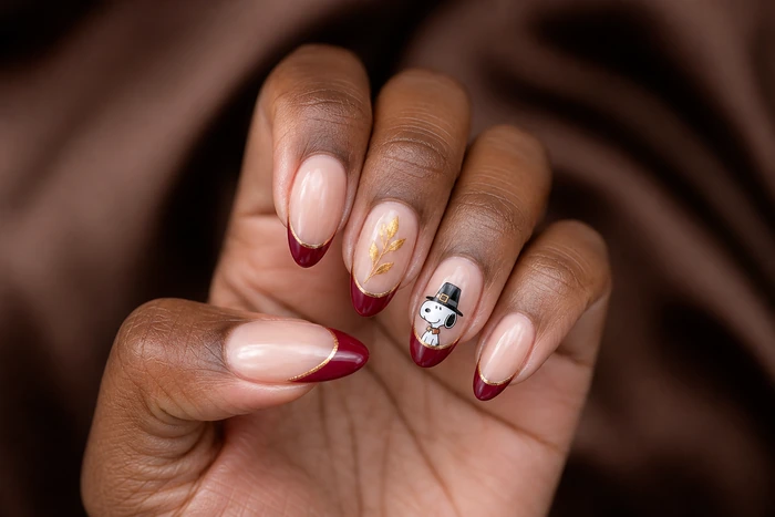 Cranberry French Thanksgiving nails with Snoopy pilgrim hat