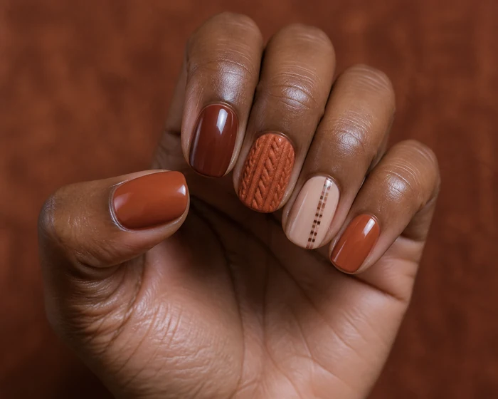 Rust sweater weather nails with knit and plaid detail