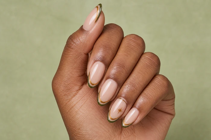 Olive and gold French tip almond Thanksgiving nails