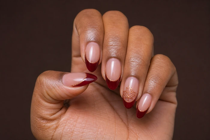 Cranberry French Thanksgiving dip nails with copper leaf