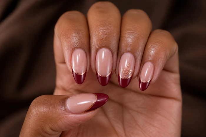 Cranberry French Thanksgiving gel nails with copper leaf
