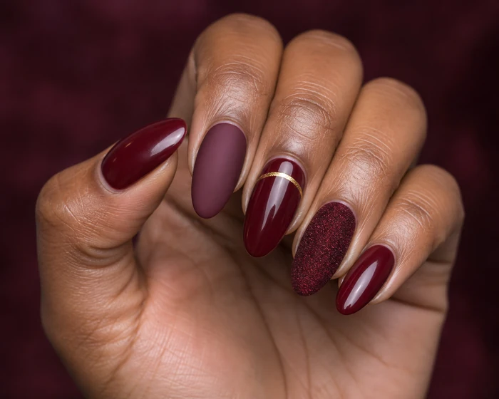 Burgundy velvet winter nails with gold arc accent on a Black womans hand
