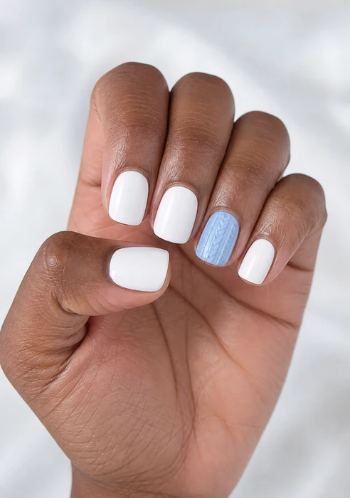 Short white winter sweater nails with icy blue knit accent