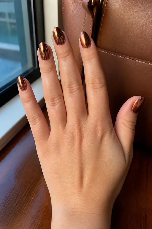 Bronze Chrome fall nail design