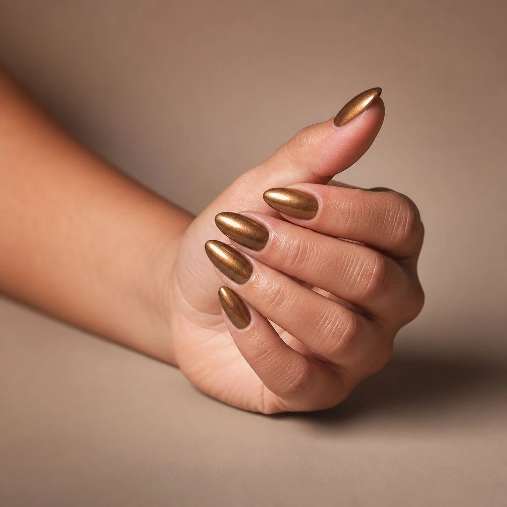 Bronze metallic almond nails