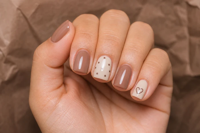 Cocoa polka dot nails with a tiny heart accent for November