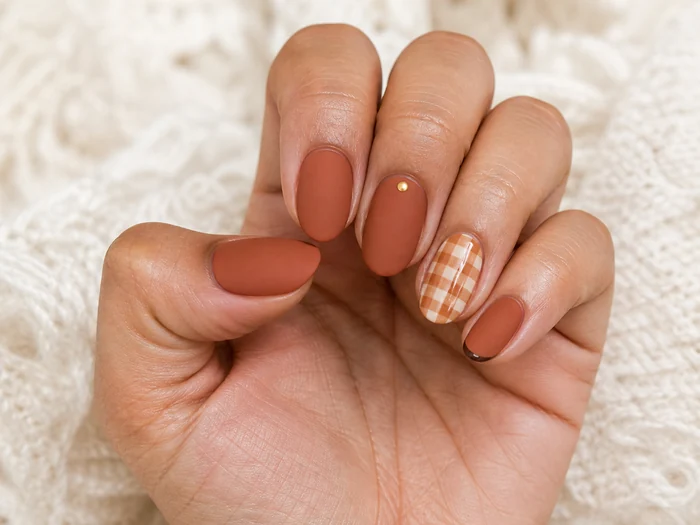 Cute matte terracotta Thanksgiving nails with gingham accent