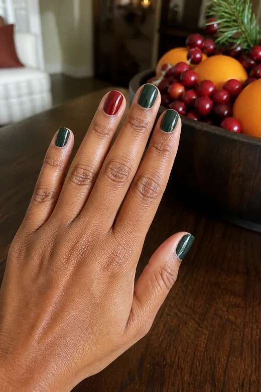 Dark Green With a Berry Accent dark green Christmas nails