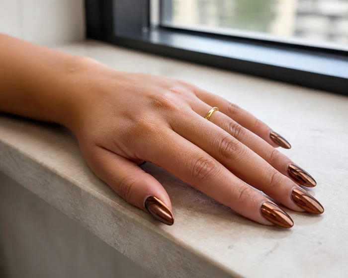 Bronze chrome almond acrylic nails by a bright window