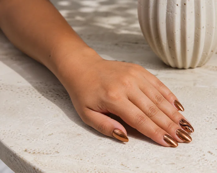 Bronze chrome dip powder almond nails beside a ceramic vase