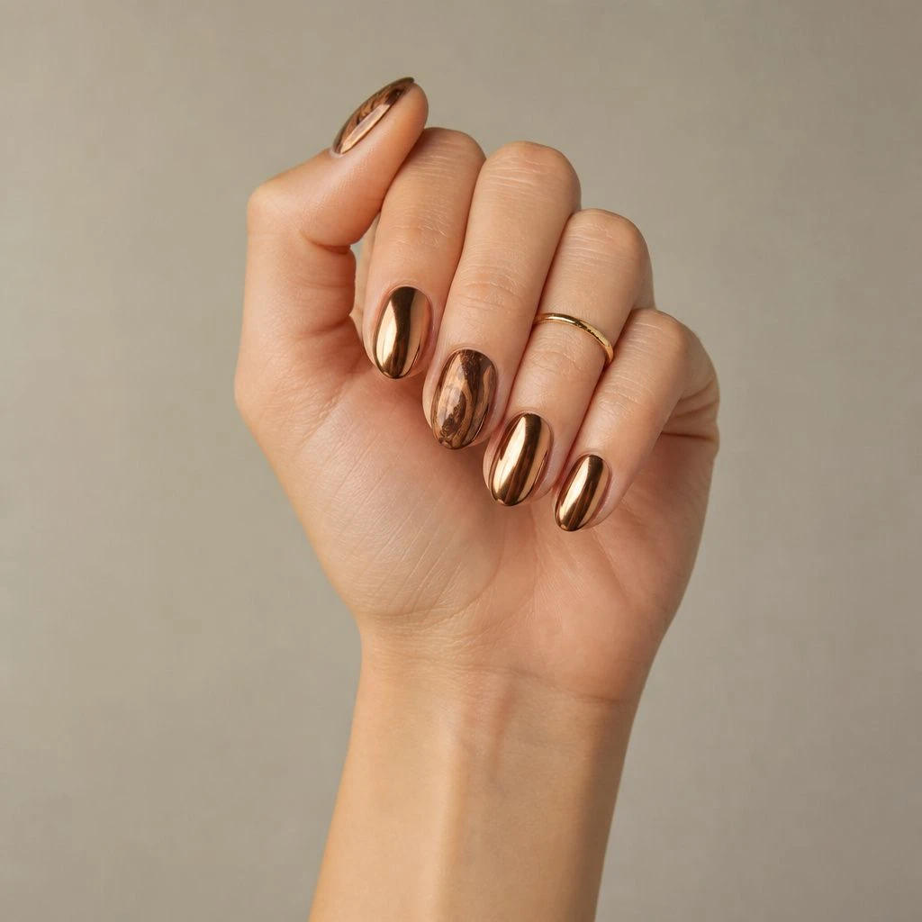 Bronze chrome gel almond nails with a brown swirl accent