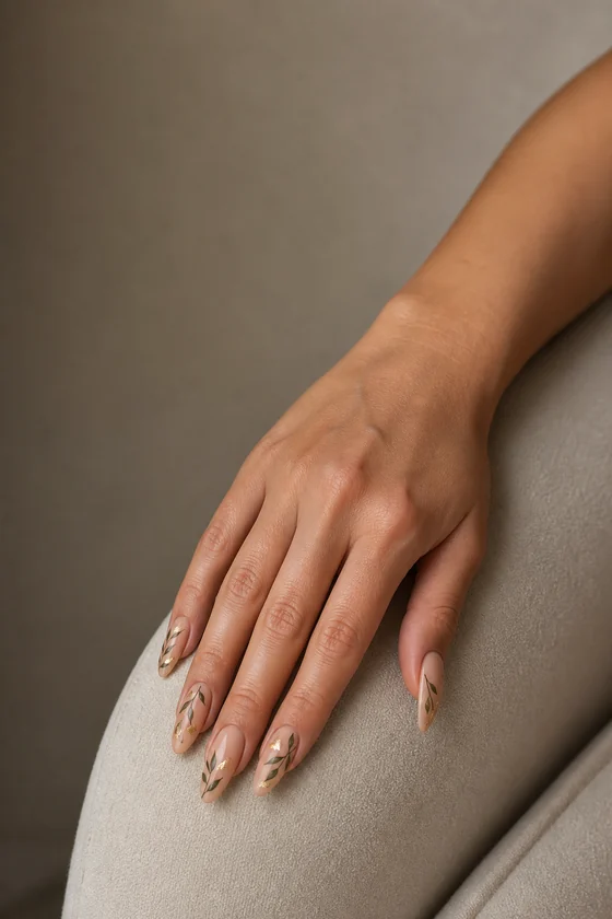 Long nude almond fall nails with olive leaf art on a chair arm