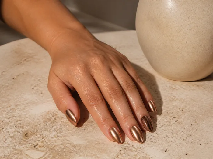 Bronze chrome almond press-on nails beside a ceramic vase