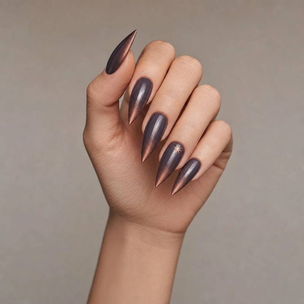 Smoky plum chrome tip fall stiletto nails