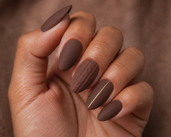 Matte cocoa sweater nails with tonal cable accent and gold line