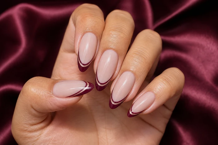 Long wine almond nails with double micro-French