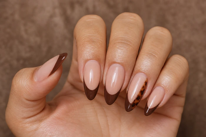 Long nude almond acrylic nails with cocoa French and tortoiseshell accent