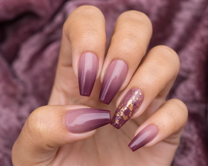 Mauve plum ombre coffin nails with gold foil