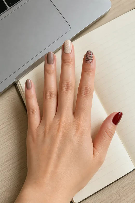 Neutral Christmas sweater nails with Fair Isle detail at an office desk