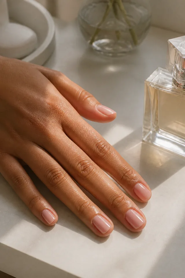 Pale pink strengthening overlay on short natural nails.