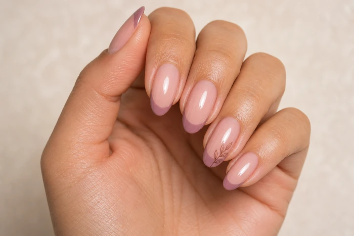 Dusty mauve French tips with a leaf detail
