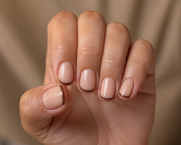 Short nude squoval nails with crisp cocoa micro-French