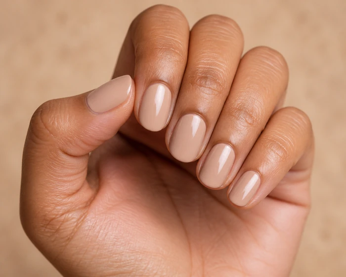 Glossy warm beige nude simple fall nails