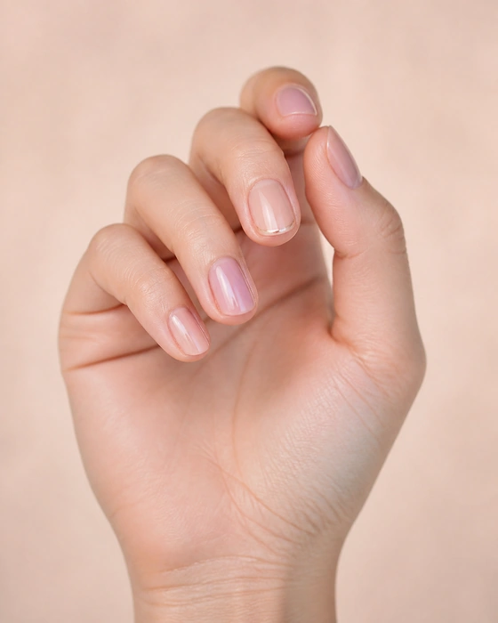 Muted blush November nails with a delicate bronze micro-French