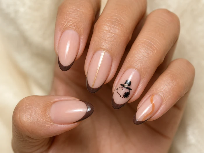 Cocoa French Thanksgiving nails with Snoopy pilgrim hat accent