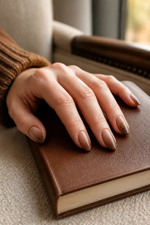 Soft brown ombre almond nails resting on a leather book