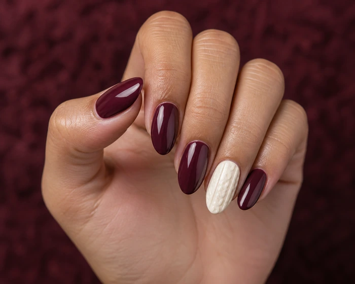 Deep wine sweater weather nails with cream cable accent
