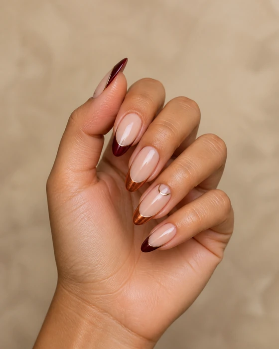 Burgundy and copper French acrylic Thanksgiving nails