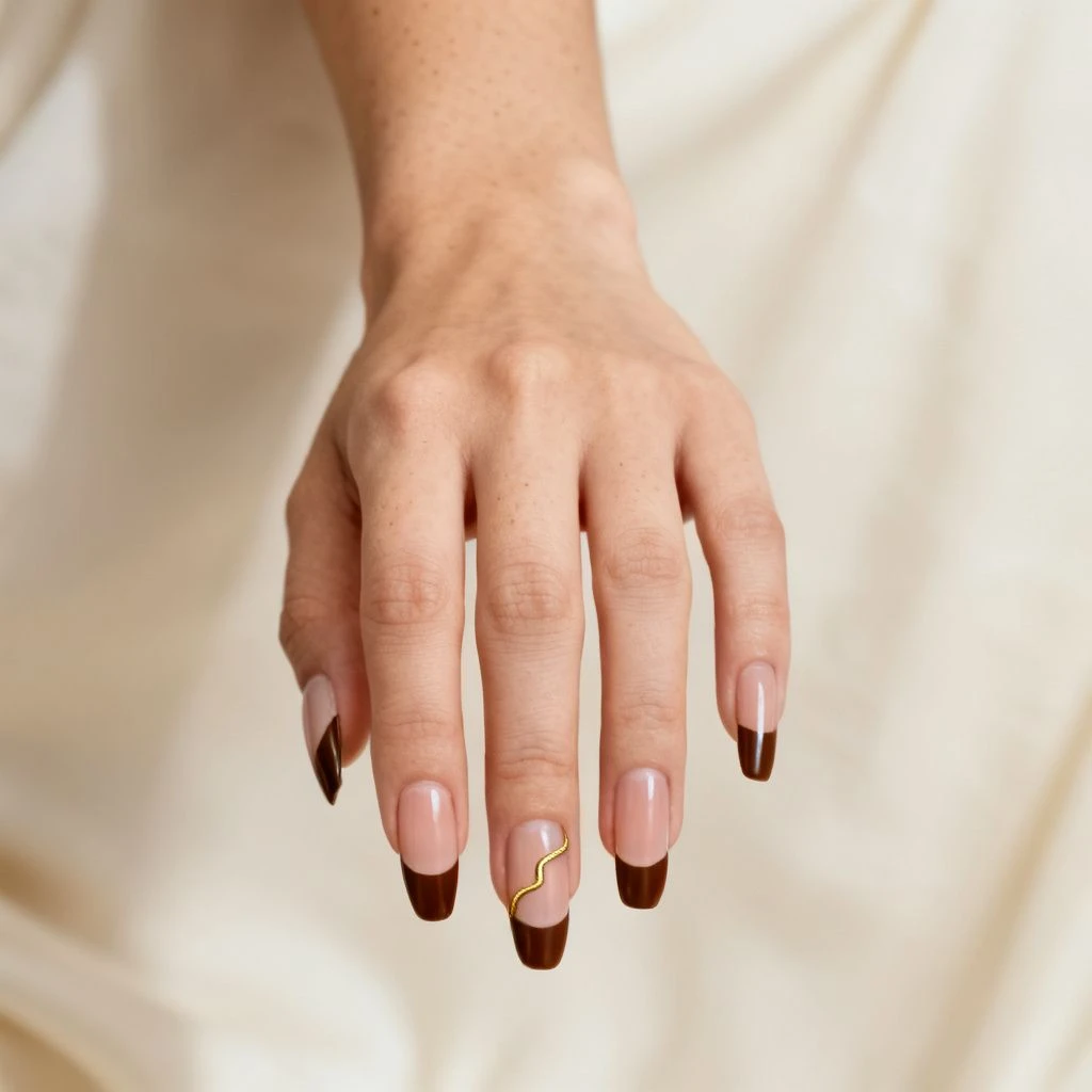 Chocolate micro French Thanksgiving dip nails with gold line